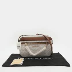 Pre Owned Michael Kors Jet Set EW Large White Signature Coated Canvas Crossbody Bag