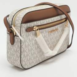 Pre Owned Michael Kors Jet Set EW Large White Signature Coated Canvas Crossbody Bag