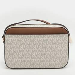 Pre Owned Michael Kors Jet Set EW Large White Signature Coated Canvas Crossbody Bag