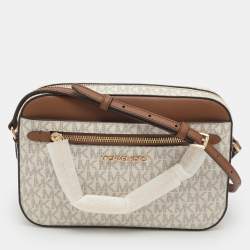 مملوكة مسبقًا Michael Kors Jet Set EW Large White/Brown Signature Canvas and Leather Crossbody Bag