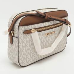 مملوكة مسبقًا Michael Kors Jet Set EW Large White/Brown Signature Canvas and Leather Crossbody Bag