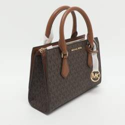 Pre Owned Michael Kors Sheila Small Brown Signautre Coated Canvas and Leather Satchel