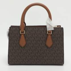 Pre Owned Michael Kors Sheila Small Brown Signautre Coated Canvas and Leather Satchel