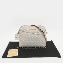 Pre Owned Michael Kors Jet Set Travel Medium White/Blush Pink Signature Coated Canvas Crossbody Bag