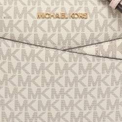 Pre Owned Michael Kors Jet Set Travel Medium White/Blush Pink Signature Coated Canvas Crossbody Bag