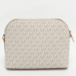Pre Owned Michael Kors Jet Set Travel Medium White/Blush Pink Signature Coated Canvas Crossbody Bag