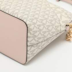 Pre Owned Michael Kors Jet Set Travel Medium White/Blush Pink Signature Coated Canvas Crossbody Bag