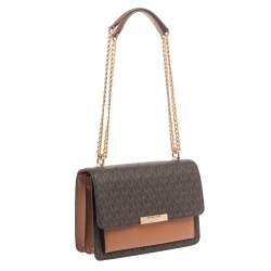 Pre Owned Michael Kors Beige/Tan Monogram Coated Canvas and Leather Jade Shoulder Bag