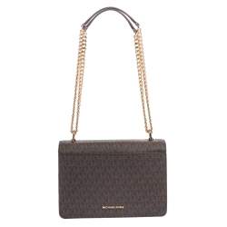 Pre Owned Michael Kors Beige/Tan Monogram Coated Canvas and Leather Jade Shoulder Bag