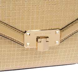 Pre Owned Michael Kors Gold Woven Straw and Leather XS Kinsley Top Handle Bag
