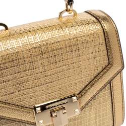 Pre Owned Michael Kors Gold Woven Straw and Leather XS Kinsley Top Handle Bag