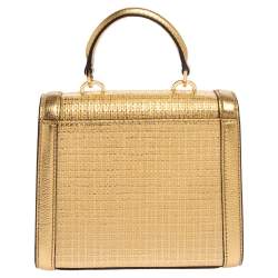 Pre Owned Michael Kors Gold Woven Straw and Leather XS Kinsley Top Handle Bag