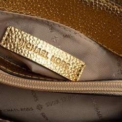 Pre Owned Michael Kors Gold Woven Straw and Leather XS Kinsley Top Handle Bag