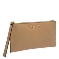Pre Owned Michael Kors Beige Leather Large Jet Set Wristlet Clutch