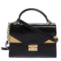Pre Owned Michael Kors Black/Gold Python Embossed and Leather Sloan Top Handle Bag
