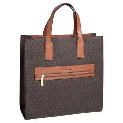 Pre Owned حقيبة يد توتس مايكل كورس كينلي شوبر جلد وكانفاس مقوى بالشعار بني فاتح/بني