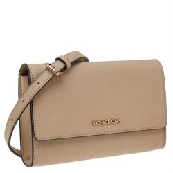 Pre Owned Michael Kors Beige Leather Jet Set Travel Crossbody Bag