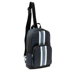 Michael Kors Blue/Black Signature Coated Canvas Cooper Commuter Sling Backpack 