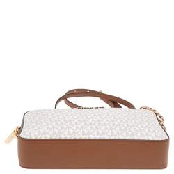 مملوكة مسبقًا حقيبة كروس مايكل كورس جيت سيت جلد وكانفاس مقوى لشعار الماركة أبيض/بني كبيرة