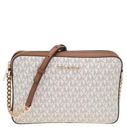 مملوكة مسبقًا حقيبة كروس مايكل كورس جيت سيت جلد وكانفاس مقوى لشعار الماركة أبيض/بني كبيرة