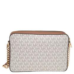 مملوكة مسبقًا حقيبة كروس مايكل كورس  جيت سيت جلد وكانفاس مقوى لشعار الماركة أبيض/بني كبيرة