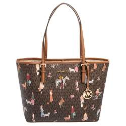 Pre Owned Michael Kors Brown Canvas And Leather Jet Set Girls Medium Carryall Tote