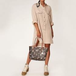 Pre Owned Michael Kors Brown Canvas And Leather Jet Set Girls Medium Carryall Tote