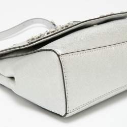 Pre Owned Michael Kors Silver Leather Small Ava Crystals Embellished Top Handle Bag