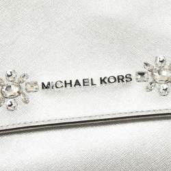 Pre Owned Michael Kors Silver Leather Small Ava Crystals Embellished Top Handle Bag