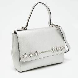 Pre Owned Michael Kors Silver Leather Small Ava Crystals Embellished Top Handle Bag