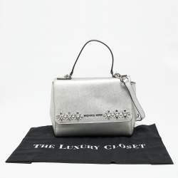 Pre Owned Michael Kors Silver Leather Small Ava Crystals Embellished Top Handle Bag