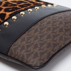 Pre Owned Michael Kors Brown/Black Signature Coated Canvas,Leather and Calfhair Jet Set Travel Wristlet Pouch