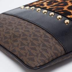 Pre Owned Michael Kors Brown/Black Signature Coated Canvas,Leather and Calfhair Jet Set Travel Wristlet Pouch