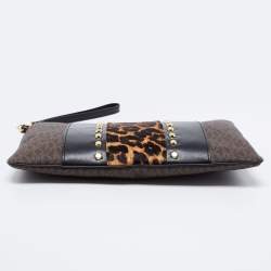 Pre Owned Michael Kors Brown/Black Signature Coated Canvas,Leather and Calfhair Jet Set Travel Wristlet Pouch