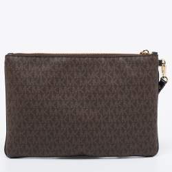 Pre Owned Michael Kors Brown/Black Signature Coated Canvas,Leather and Calfhair Jet Set Travel Wristlet Pouch