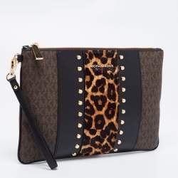 Pre Owned Michael Kors Brown/Black Signature Coated Canvas,Leather and Calfhair Jet Set Travel Wristlet Pouch