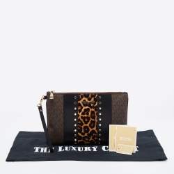 Pre Owned Michael Kors Brown/Black Signature Coated Canvas,Leather and Calfhair Jet Set Travel Wristlet Pouch
