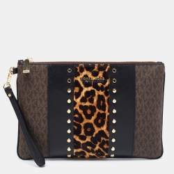 Pre Owned Michael Kors Brown/Black Signature Coated Canvas,Leather and Calfhair Jet Set Travel Wristlet Pouch