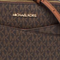 Pre Owned Michael Kors Brown Signature Coated Canvas Jet Set Dome Crossbody Bag