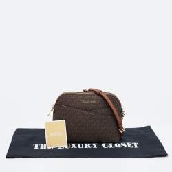 Pre Owned Michael Kors Brown Signature Coated Canvas Jet Set Dome Crossbody Bag