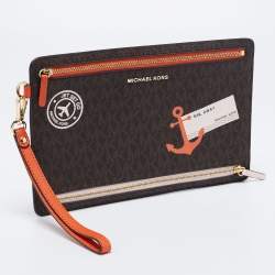 Pre Owned Michael Kors Brown Signature Coated Canvas Large Sail Away Travel Clutch