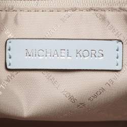 Pre Owned Michael Kors Blue/White Printed Coated Canvas And Leather Medium Jet Set Girls Duffle Bag