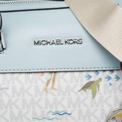 Pre Owned Michael Kors Blue/White Printed Coated Canvas And Leather Medium Jet Set Girls Duffle Bag