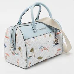 Pre Owned Michael Kors Blue/White Printed Coated Canvas And Leather Medium Jet Set Girls Duffle Bag
