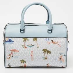 Pre Owned Michael Kors Blue/White Printed Coated Canvas And Leather Medium Jet Set Girls Duffle Bag