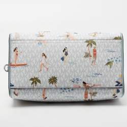 Pre Owned Michael Kors Blue/White Printed Coated Canvas And Leather Medium Jet Set Girls Duffle Bag