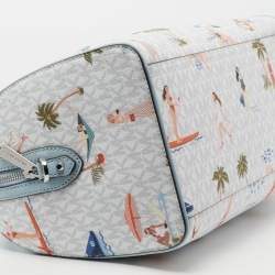 Pre Owned Michael Kors Blue/White Printed Coated Canvas And Leather Medium Jet Set Girls Duffle Bag