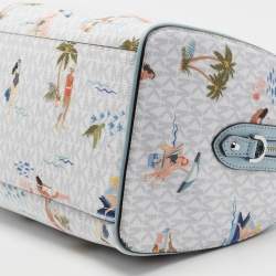 Pre Owned Michael Kors Blue/White Printed Coated Canvas And Leather Medium Jet Set Girls Duffle Bag