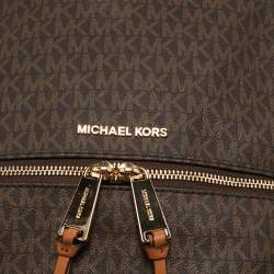 Pre Owned حقيبة ظهر مايكل كورس سحاب راها جلد وكانفاس مقوى مميز بني فاتح/ أبيض