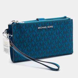 Pre Owned Michael Kors Teal Signature Coated Canvas Jet Set Travel Zip Wristlet Wallet